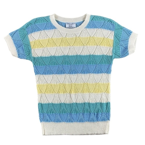 Vintage Lightweight Geometric Knit Striped Yellow Blue Shirt Sleeve Sweater Sz M - Picture 1 of 8